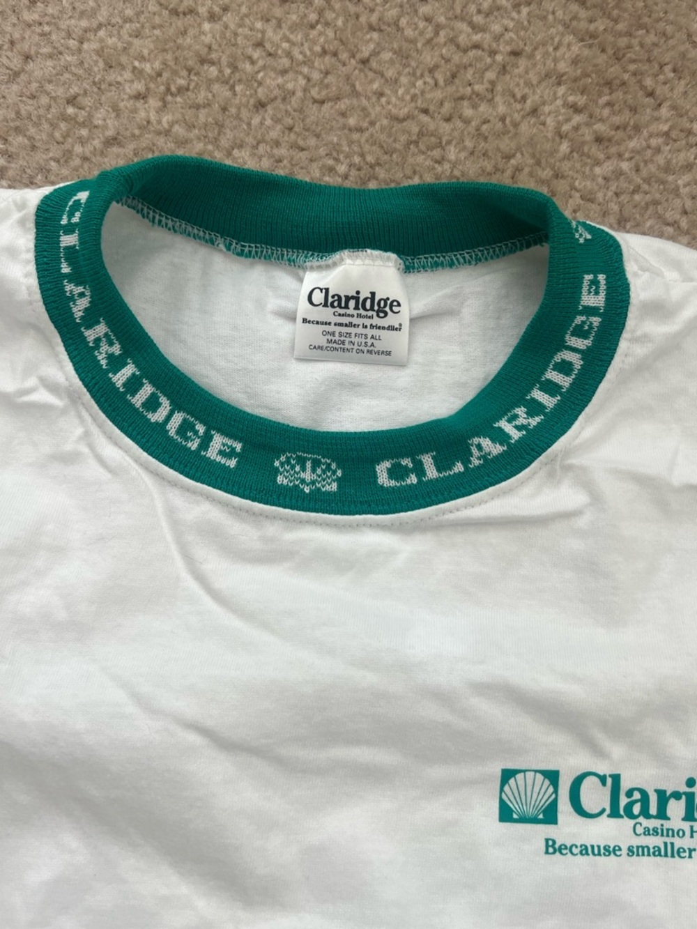 Claridge Casino Hotel White Tee with Teal Rib Knit Collar